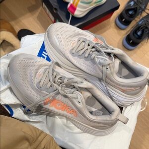 Hoka Light Gray and Peach Running Shoes